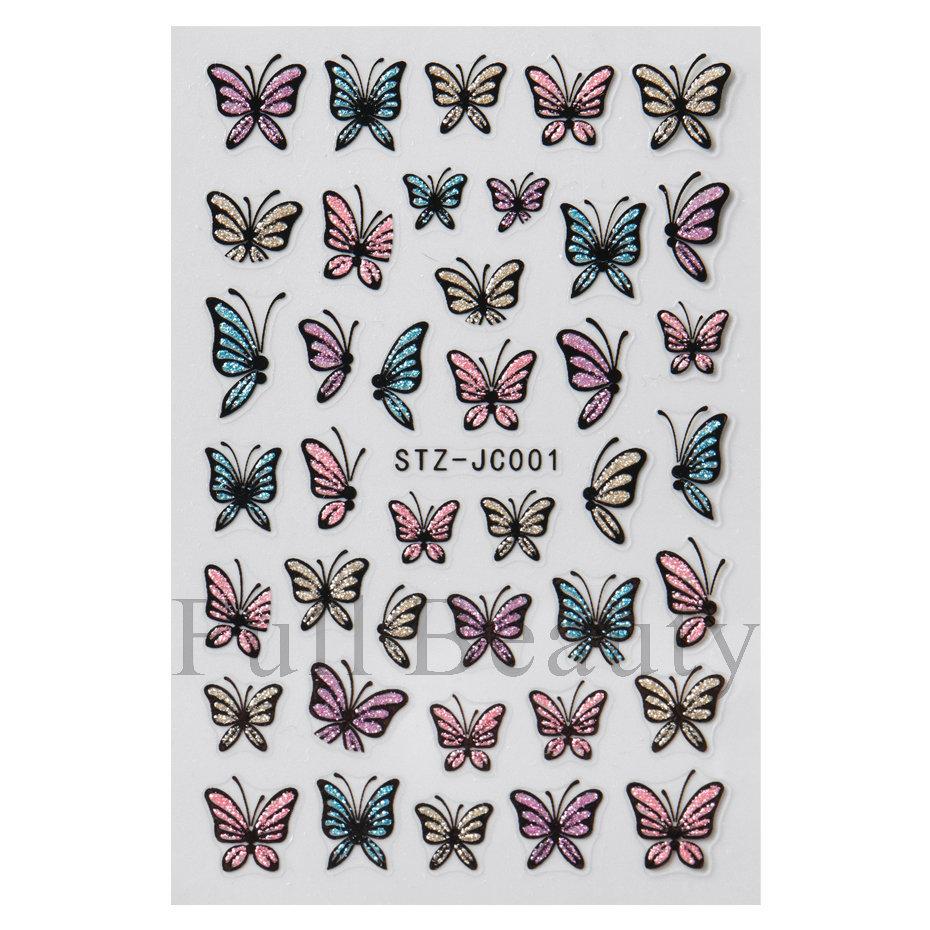 Nail Art Sticker, Pink, Blue, Yellow Glitter, Butterfly Imitation Hand-Painted Lines, Butterfly Nail Sticker.