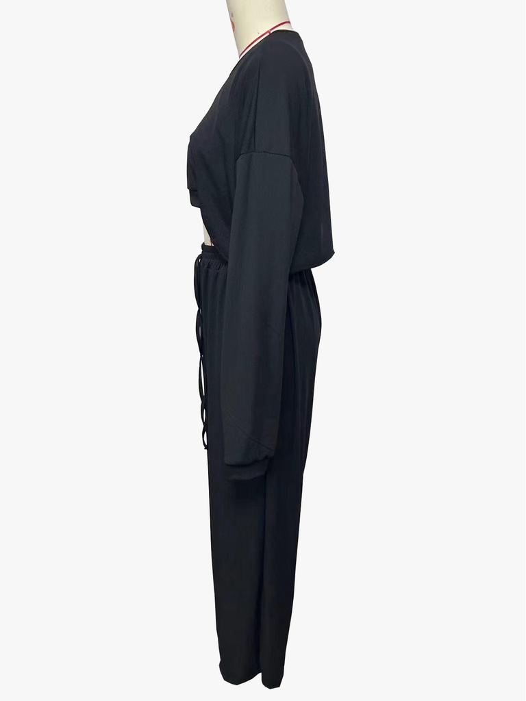 2023 Europäisch-Amerikanische Mode Rundhals Langarm Crop Top und Lange Hose Dreiteiliges Set