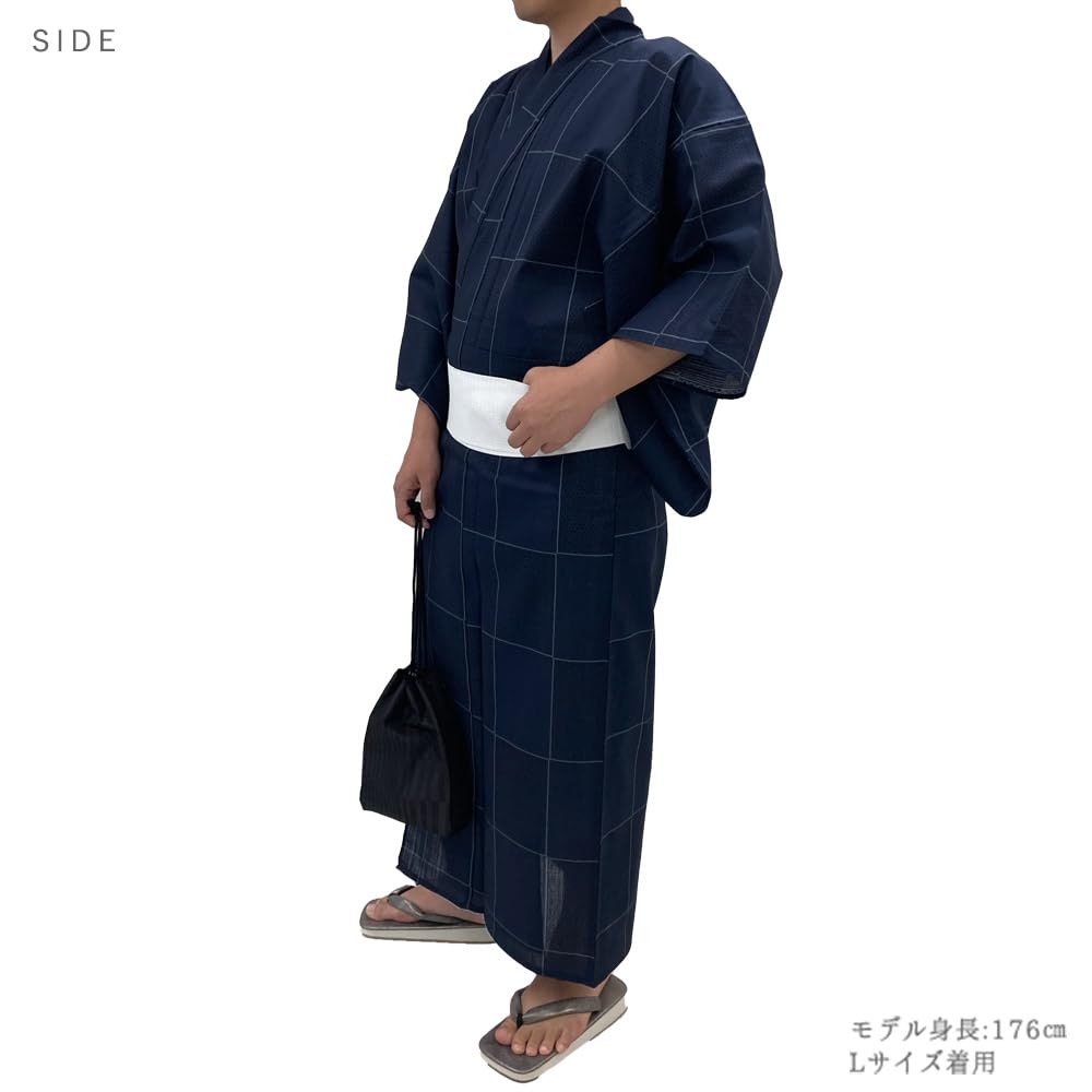 Conjunto Yukata para Hombre Kyoto Kimono Yuzen, Kimono de Algodón de 2 Piezas con Obi Cuadrado de Un Toque, Patrón de Cascada, Patrón Ajedrezado, Azul Marino (METRO)