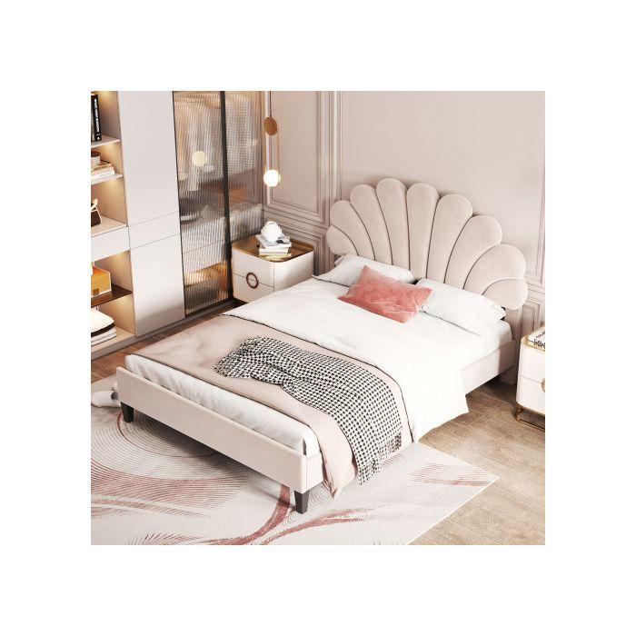 Pat dublu tapițat - MUVOE - 140 x 200 cm - Tăblie florală - MDF robust - Montaj ușor