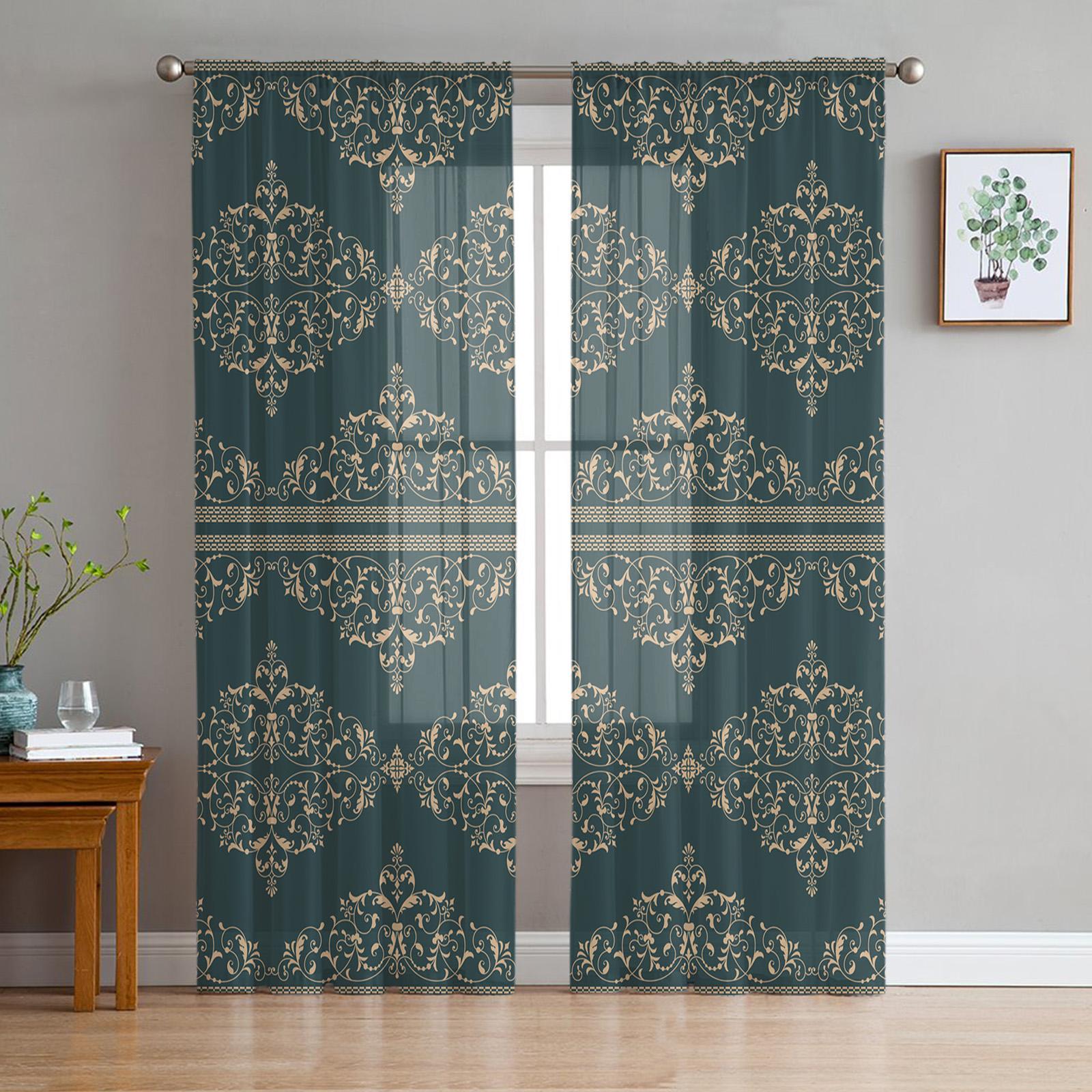 

Retro Design Geometric Artistic Texture Art Deco Transparent Drapes for Living Room Ornamentation Window Panel Curtain Kitchen Tulle Sheer Fabric W135 x H115cm x1&Grommet Top