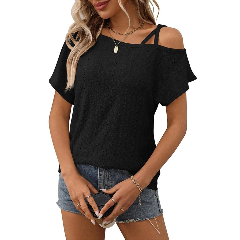 Women's Fashion Solid Color Single Shoulder Short Sleeve Hollow Head T-shirt Top