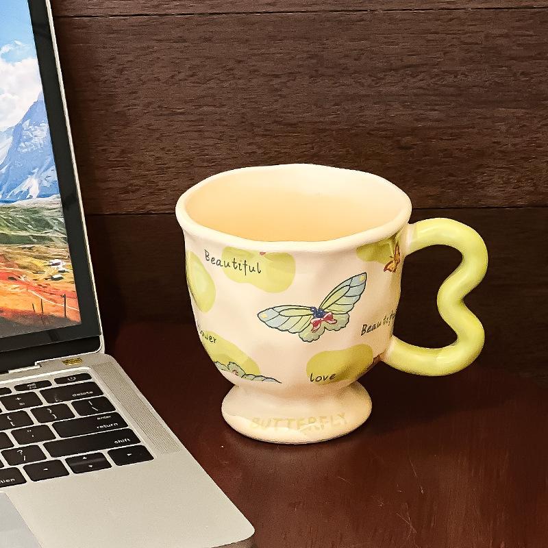 

Butterfly Mug High Foot Coffee Cup Ceramic Water Cup Ins Style Breakfast Cup Girls Gift Niche Literary Style 400ML