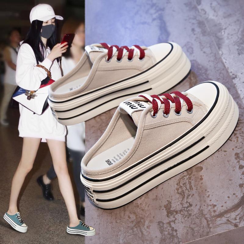 Thick-soled Bag Head Half Slippers Women's Outer Wear 2025 New Height Increase One Pedal Without Heel Muffin Canvas Single Shoes Versatile