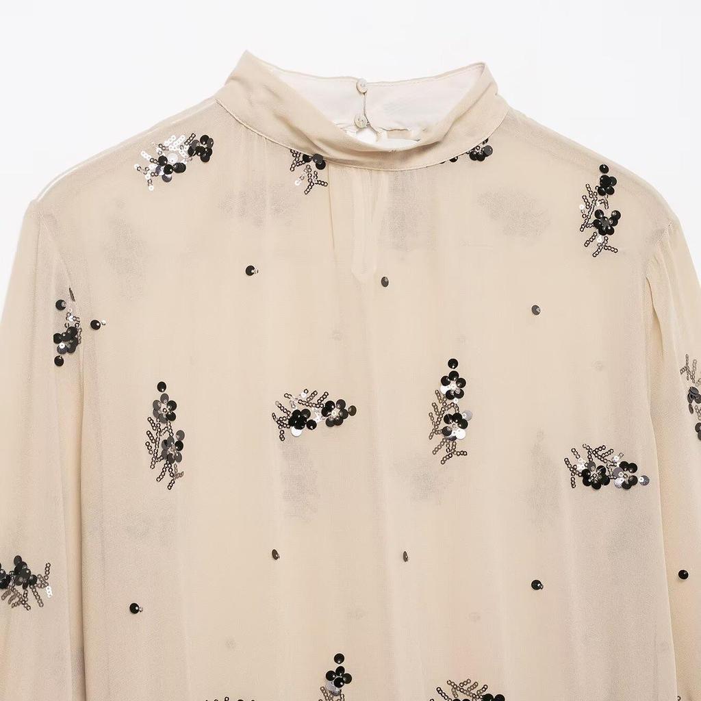 2025 Winter European & American Fashion: Versatile Semi-Transparent Sequin Long-Sleeve Shirt