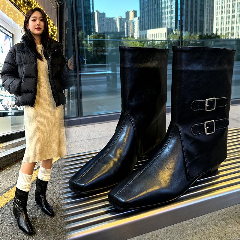 Retro belt buckle Martin boots women's autumn and winter new British style thick heel trouser tube boots thin small square head short boots single