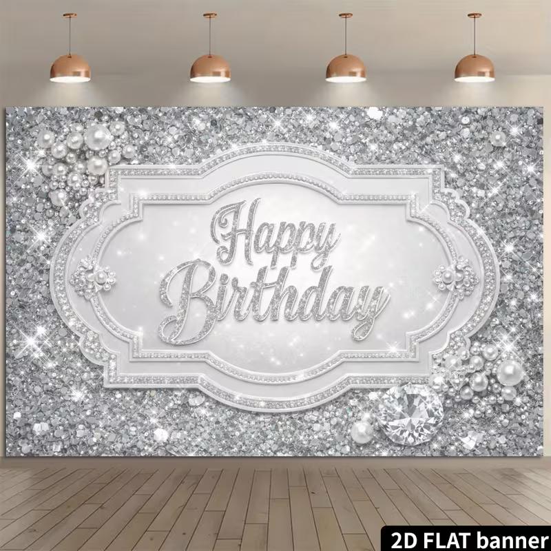 

2D Silver Glitter Diamond Happy Birthday Backdrop Banner Party Photography Background 47.2x31.5inch/120*80cm