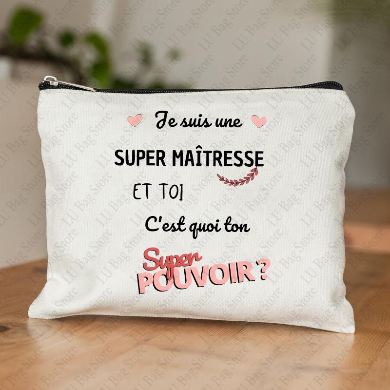 Teacher Theme Women Makeup Bag Maitresse Inspired Cosmetic Case with French Style Design Educational Motif Wallet Work or School