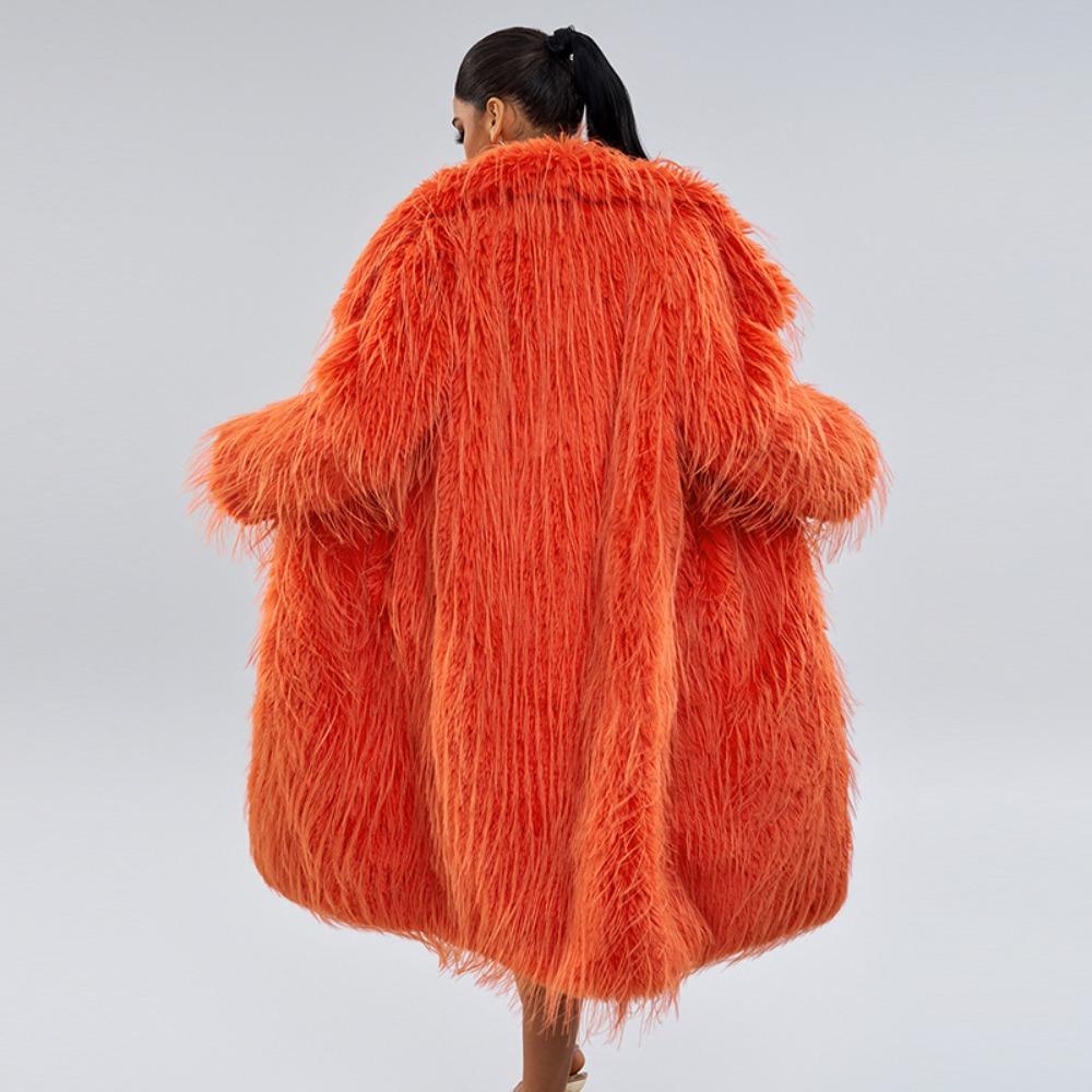 Women's Notched Collar Long Sleeve Fringed Faux Fur Coat Loose Fit Urban Style Overcoat
