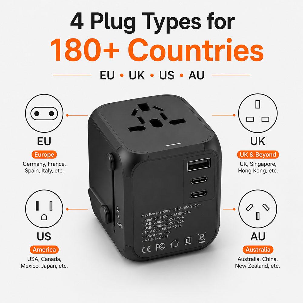 Universal Travel Adapter, Multi Plug 220v to 5v Outlet usb Type c Socket Multicontacto con usb y Corriente Charger For EU/UK/USA