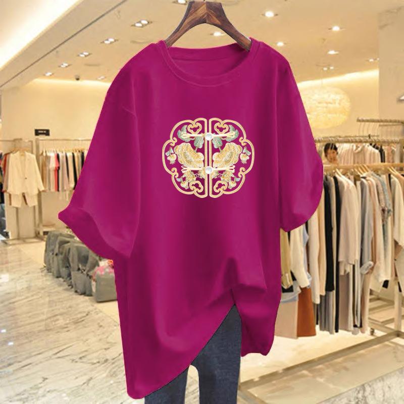 100Kg fat MM large size new Chinese style printed short-sleeved T-shirt women's summer new medium and long pure cotton top tide
