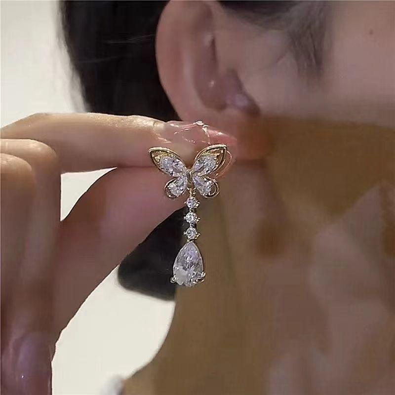 Exquisite Blue Butterfly Drop Earrings for Women Light Luxury Shiny Zircon Butterfly Earrings Girl Party Jewelry Accessories