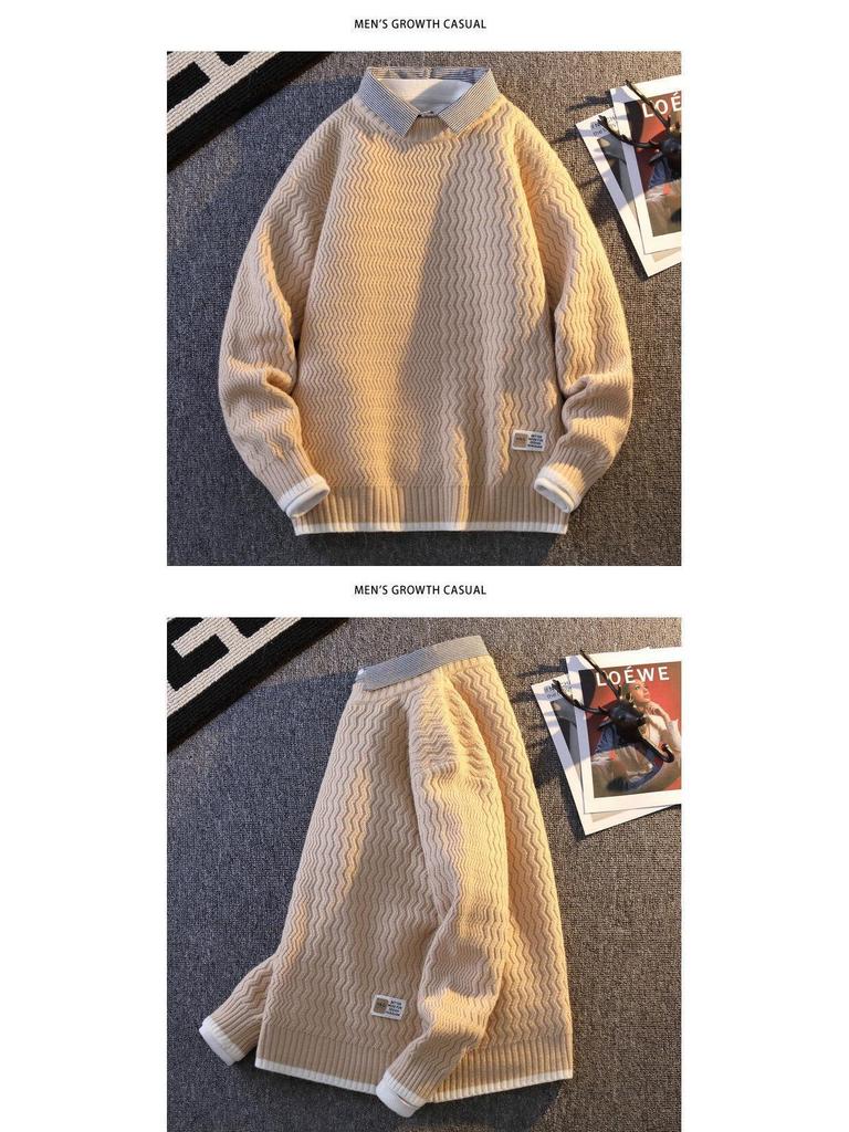 2024 Men's Autumn/Winter Loose Knit Sweater with Shirt Collar, Plus Velvet Two-Piece Look