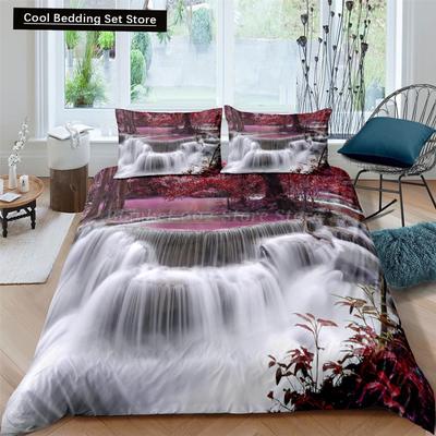 Wasserfall Königin Bettbezug Floral Bäume Bettwäscheset Naturlandschaft Bettdeckenbezug Lila Traum Polyester Bettdeckenbezug