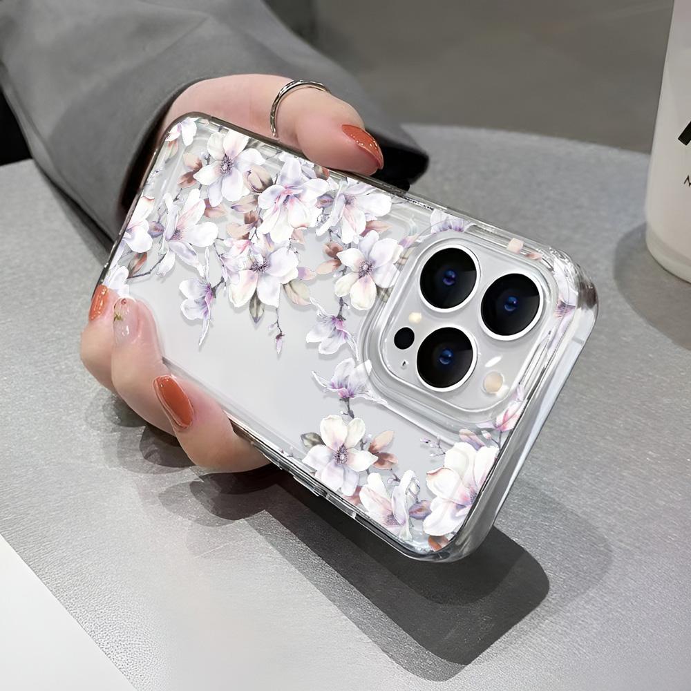 Luxury White Flower Transparent Case For iPhone 16 15 11 12 13 14 Pro Max Hard TPU Cases For iPhone 16E Back Cover Clear Case