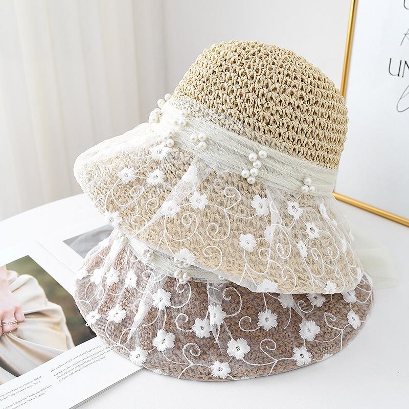 Neuer Häkel-Strohhut mit Blumenspitze für Damen, Eimerhut mit Perlen-Schleife, Sommer-Sonnenschutz, Sonnenhut, Glockenhut