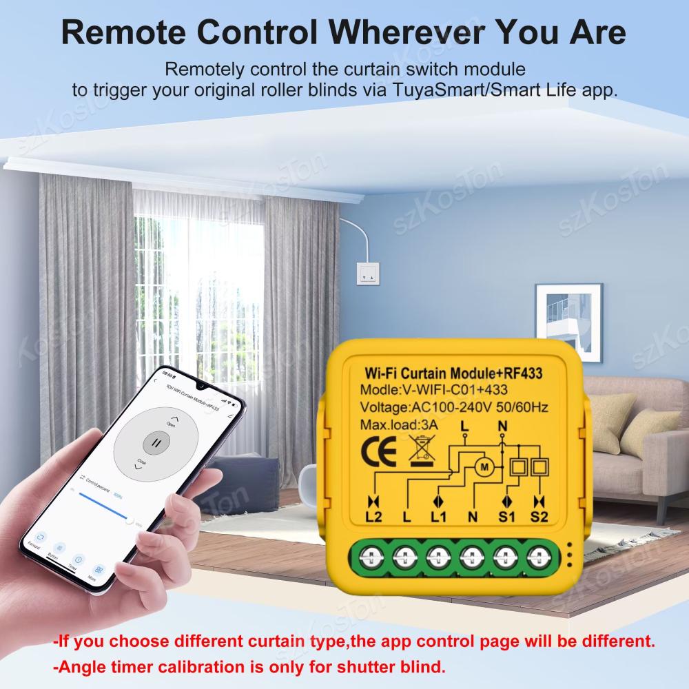 Tuya Smart WiFi RF433 Curtain Switch Module with Remote Control for Electric Roller Shutter Blind Motor Works with Alexa Google