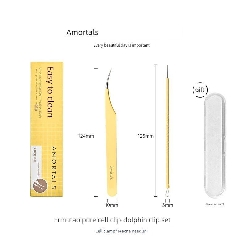 Tao Cell Tweezers, Dolphin Tweezers, Acne Needle, High-Precision Professional Blackhead Removal Tweezers, Ultra-Sharp, Specialized for Beauty Salons [Super Sharp 0.1mm] Dolphin Clip + Acne Needle