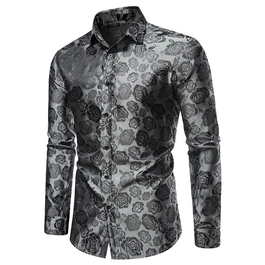 Men's Long Sleeve Fashionable Shirt Rose Print Casual Button Shirts Men Lapel Spring Formal Clothing