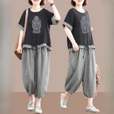 Retro Ethnic Style Casual Suit Women's Summer Loose Fashion Plaid Stitching Two-piece Suit