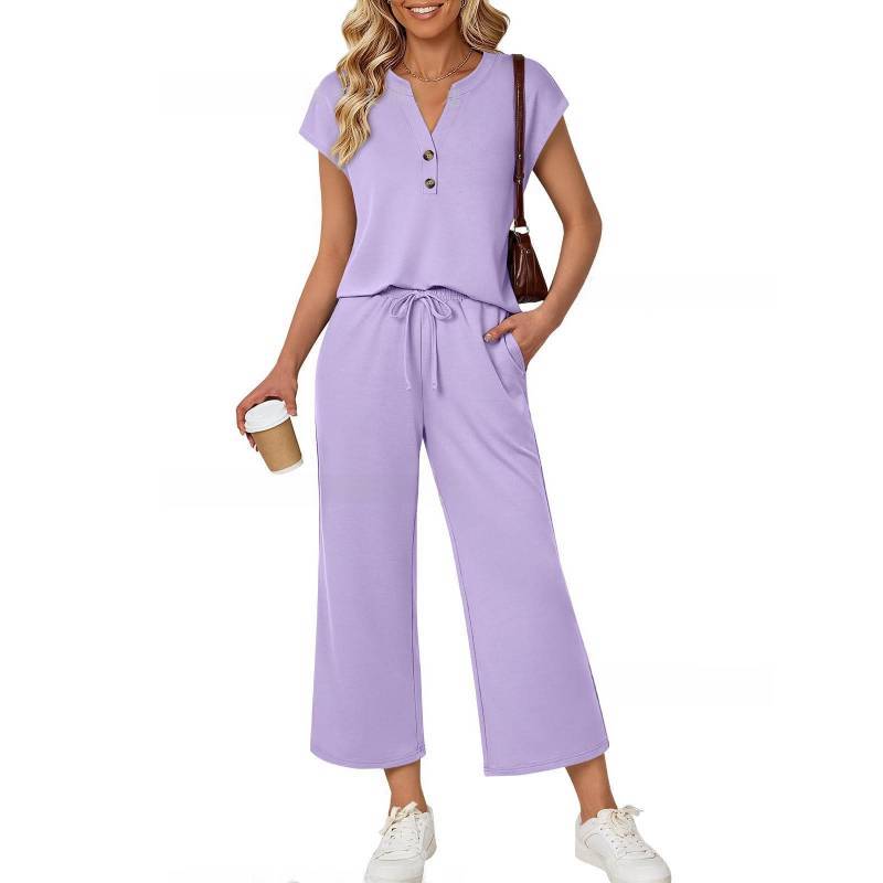 Ensemble Deux Pièces Uni à Manches Courtes pour Femmes en Tissu Polyester Décontracté Printemps Été