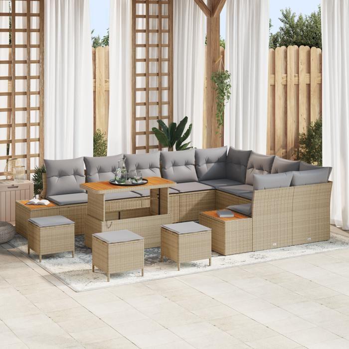 Ensemble de Canapé de Jardin vidaXL de 13 pièces avec Coussins Beige en Poly Rotin Acacia, Ensemble de Salle à Manger 3362962