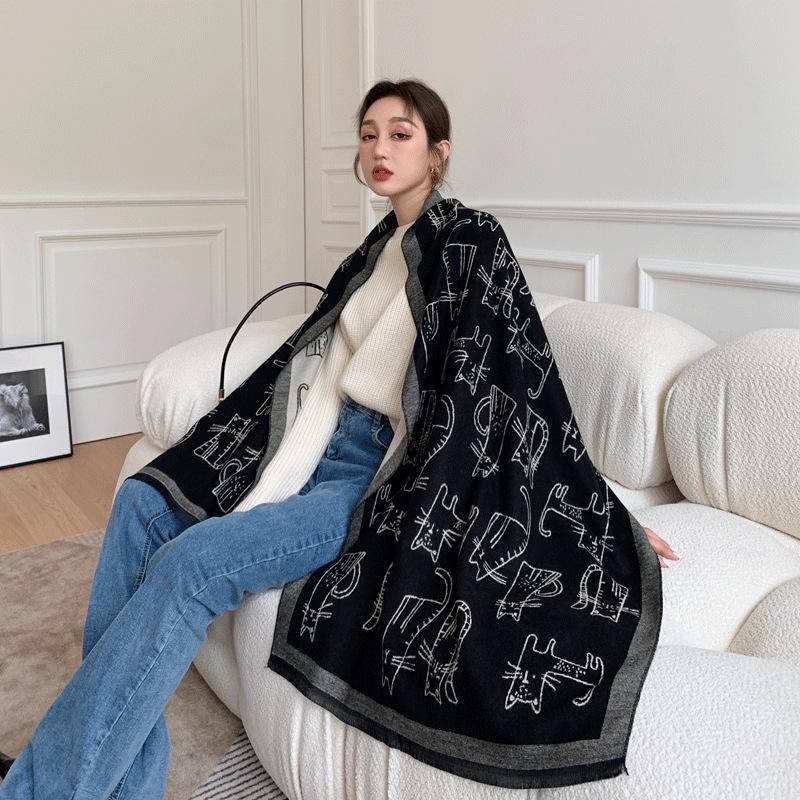 Cute pattern scarf, warm in winter, cute cat imitation cashmere scarf, female, short beard shawl, scarf dual-purpose