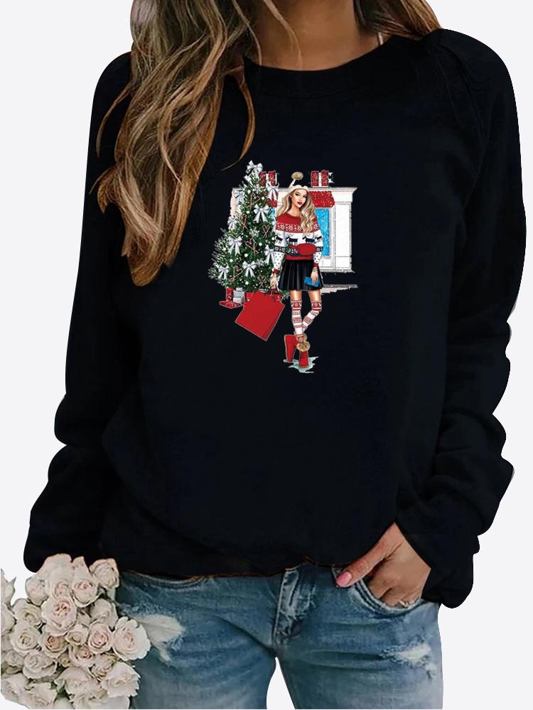 Autumn and Winter Women's Christmas Theme Printing Sweater Round Neck Long Sleeve Casual Sweatshirt Plus Size Top