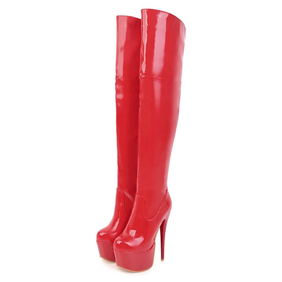 Red Sexy Over Knee Platform Boots Women Fetish High Spike Heels White Patent Leather Club Ladies Winter Zipper Thigh-high Boots