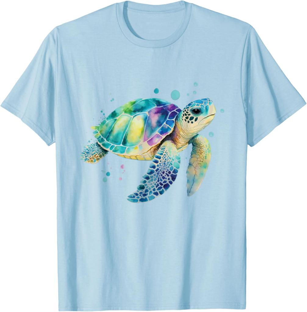 Watercolor Sea Turtle Graphic Tee Breathable Cotton Casual T-Shirt for Men Beach Trip