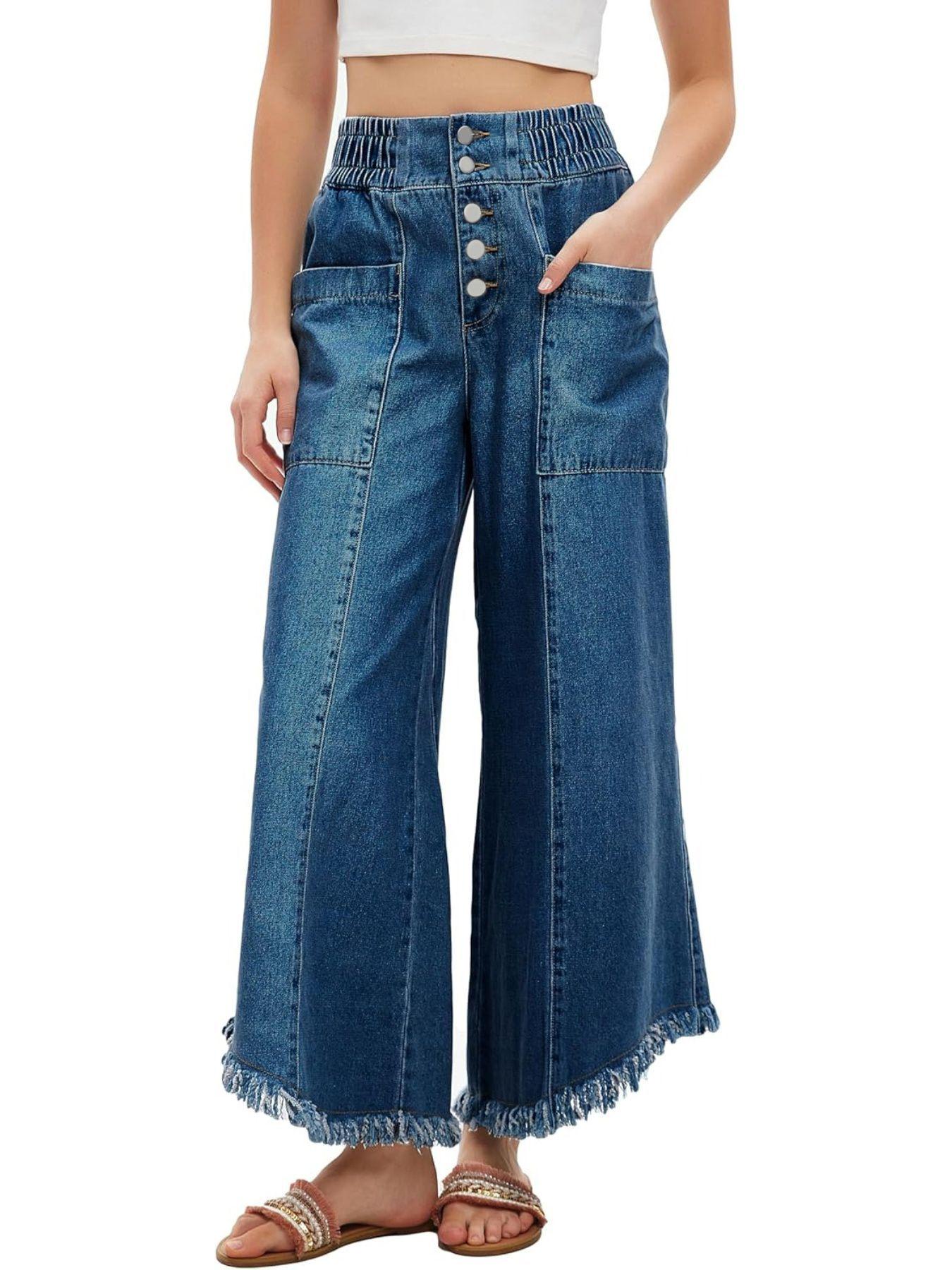 Elastic Waist Multi-Button Wide-Leg Women s Jeans with Pockets and Raw Hem Extra Large синий
