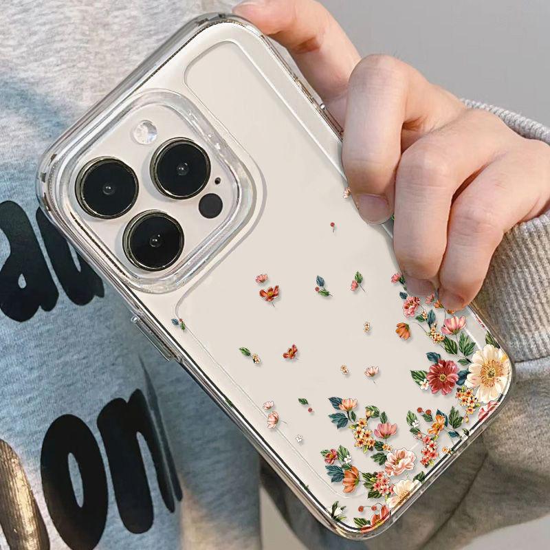 Iphone 15 For Pro Max Transparent Phone Case With Flower Print Decoration Design