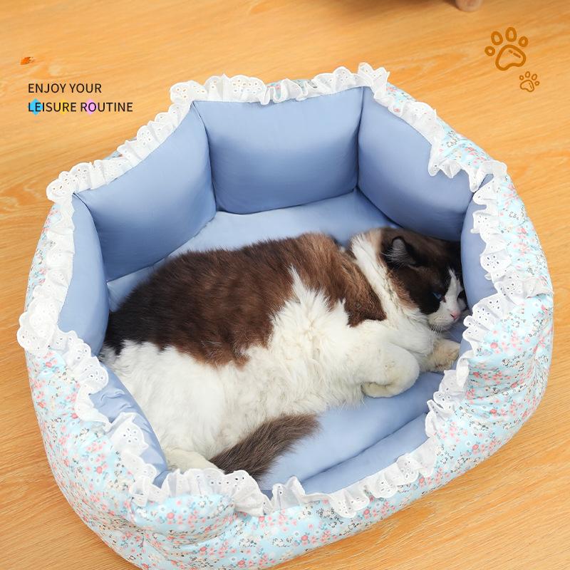 Neue Haustiernestmatte aus Spitze, Schlafmatte für Hunde, frisches Blumenmuster, Katzennest, süßer Stil, universell für alle Jahreszeiten