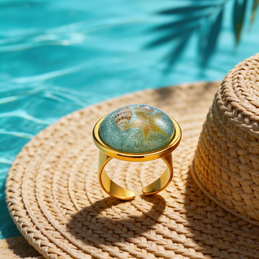 Ocean Resin Ring for Women Non-tarnish Stainless Steel Open Pink Blue Dopamine Summer Beach Jewelry Waterproof