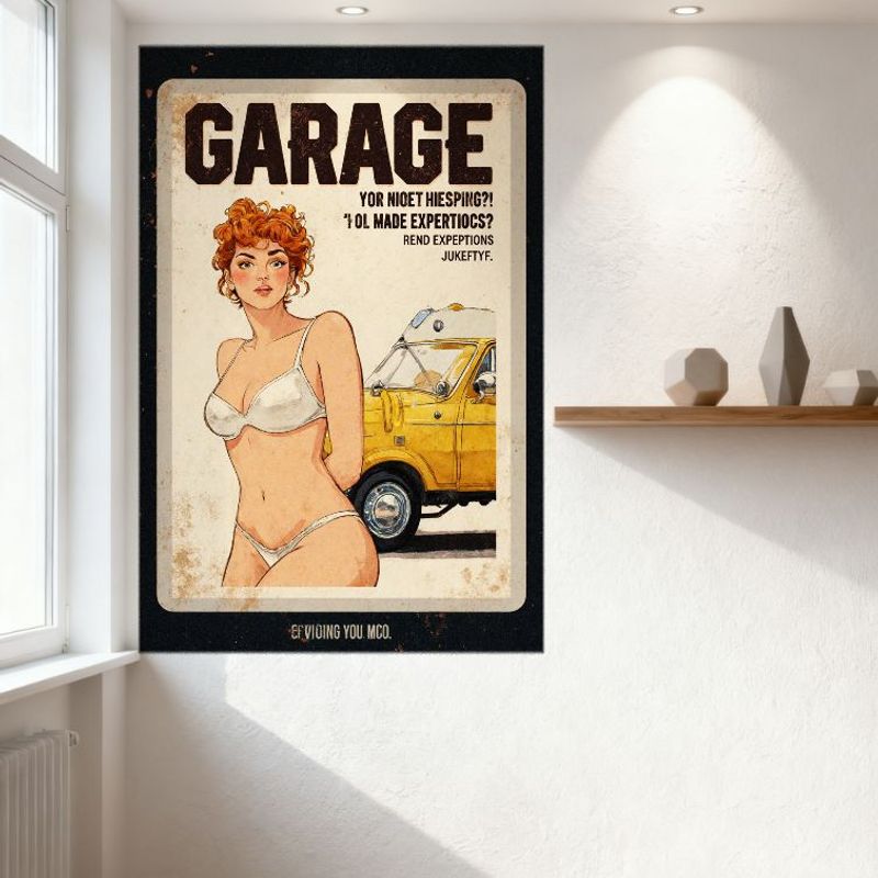Sexy Pin-up Girl Vintage Metal Tin Sign with Yellow Car & Rusty Look 'GARAGE' Decor for Bar Pub Home Cafe Wall Art 8x12 Inch