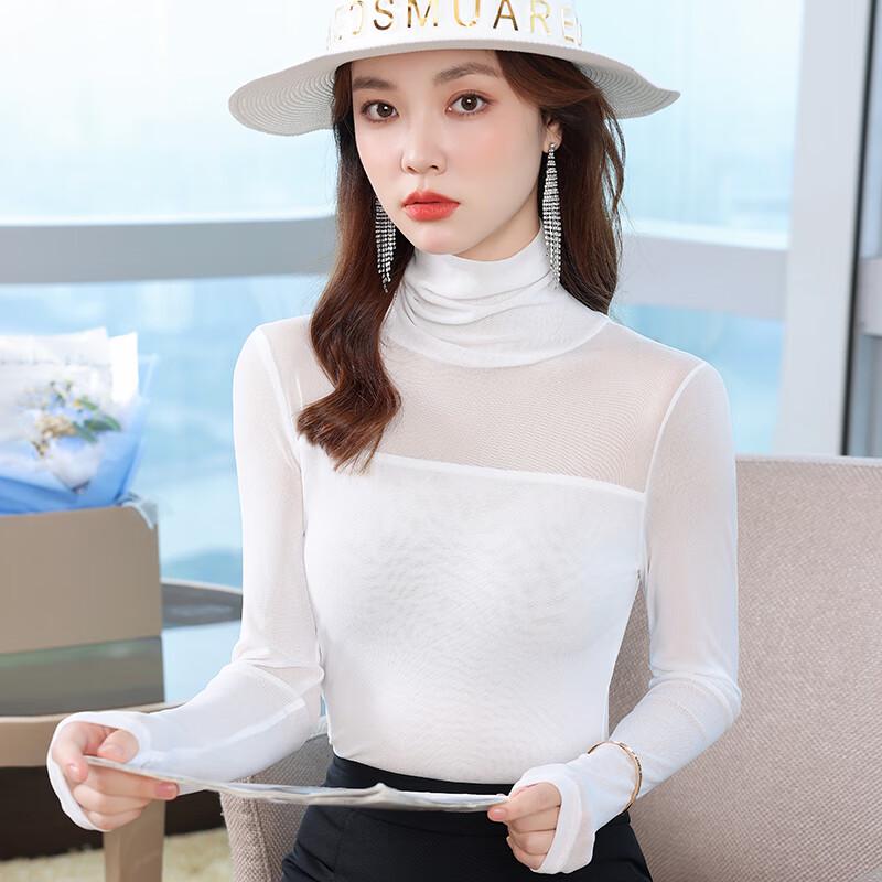 Women's Semi-High Neck Mesh Lace Long Sleeve Top