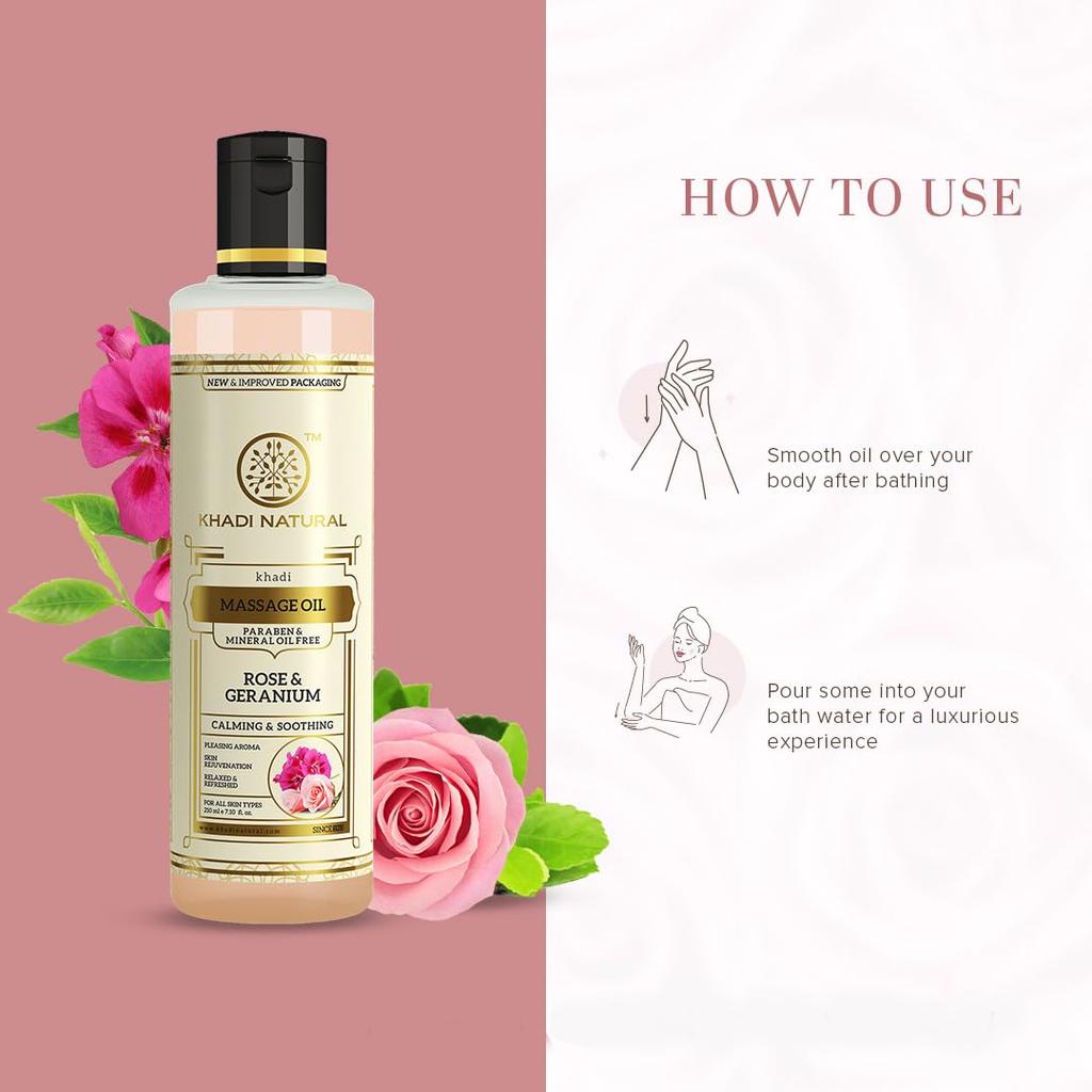 Khadi Natural Ayurvedic Rose Geranium Massage Oil 210 Ml Relaxing Body Oil For All Skin Types Paraben Free