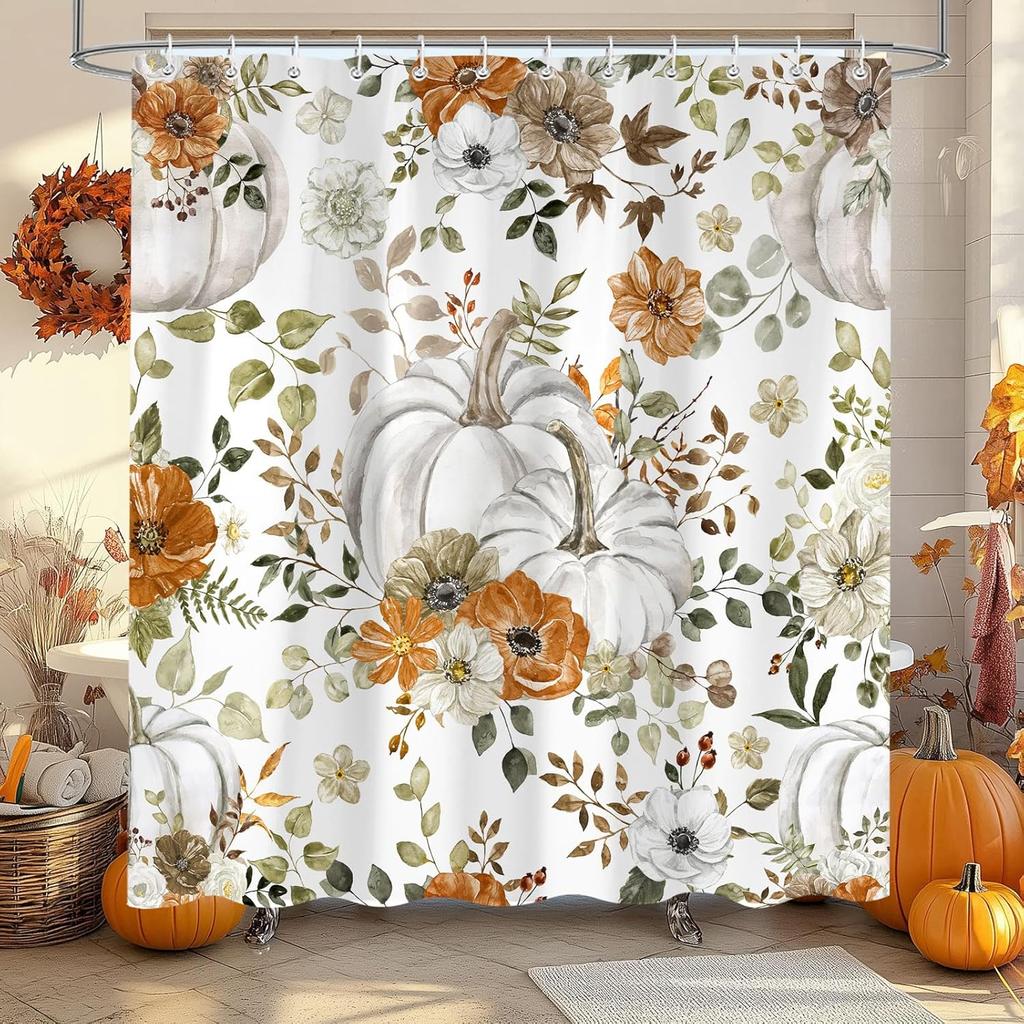 Fall Pumpkin Maple Leaf Shower Curtain, Autumn Thanksgiving Harvest Orange Pumpkin Design Bath Curta for Bathroom, Watercolor Floral Decor Waterproof