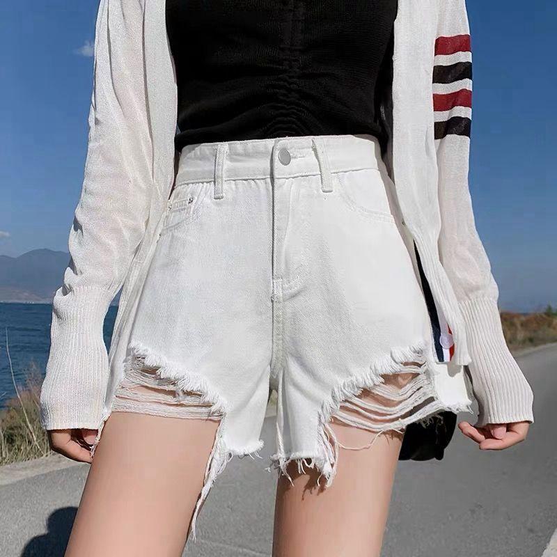 Classic and Minimalist Fashion Versatile Black Women's High-waisted Loose Summer Broken Holes Thin Burlap Wide-legged Son Denim Shorts Individuality
