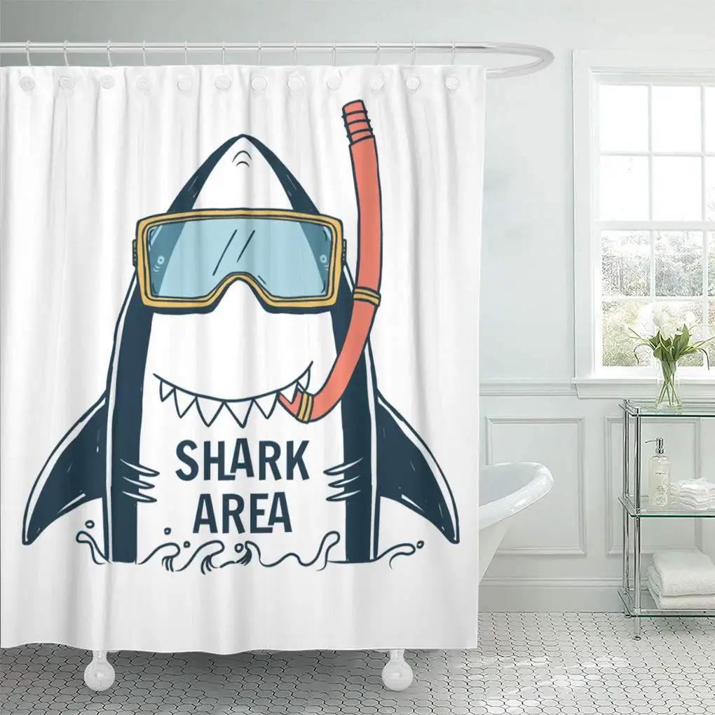 Blue Graphic Shark Area Shower Curtain with Hooks Polyester Fabric for  Boy Kids Cute Marine Life Waterproof Bathroom Curtains W90xH180cm