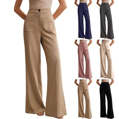 Women High Waist Wide Leg Trousers with Front Pockets Button Closure and Straight Fit for Office Work Casual Daily Wear