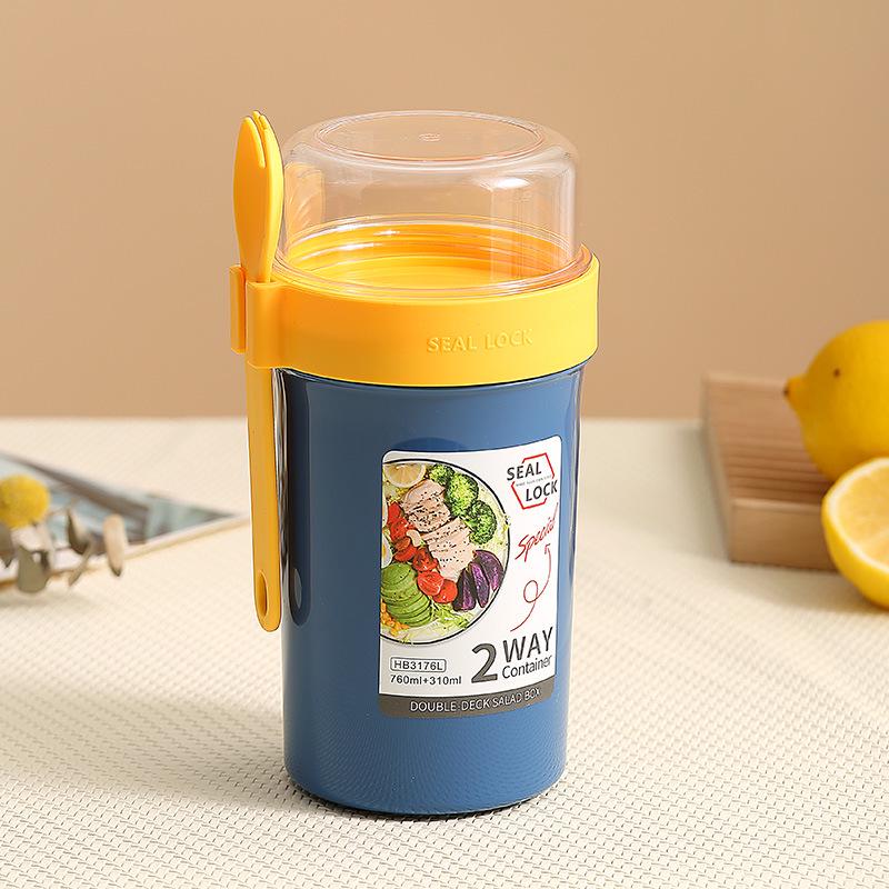 Portable Double-Layer Yogurt and Oatmeal Cup with Lid and Spoon for Salads and Nuts