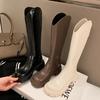 Botas Altas de Mujer Primavera Otoño Botas de Mujer Impermeables Plataforma Punta Redonda Botas Hasta la Rodilla Cuero Patentado Botas Modernas