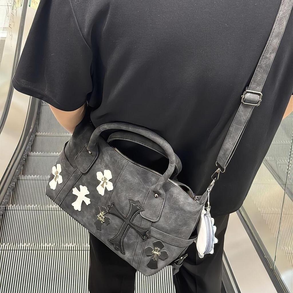 2025 Little Red Book Chrome Hearts Black & White Patchwork Travel Bag with Roman Metal Cross Shoulder Strap