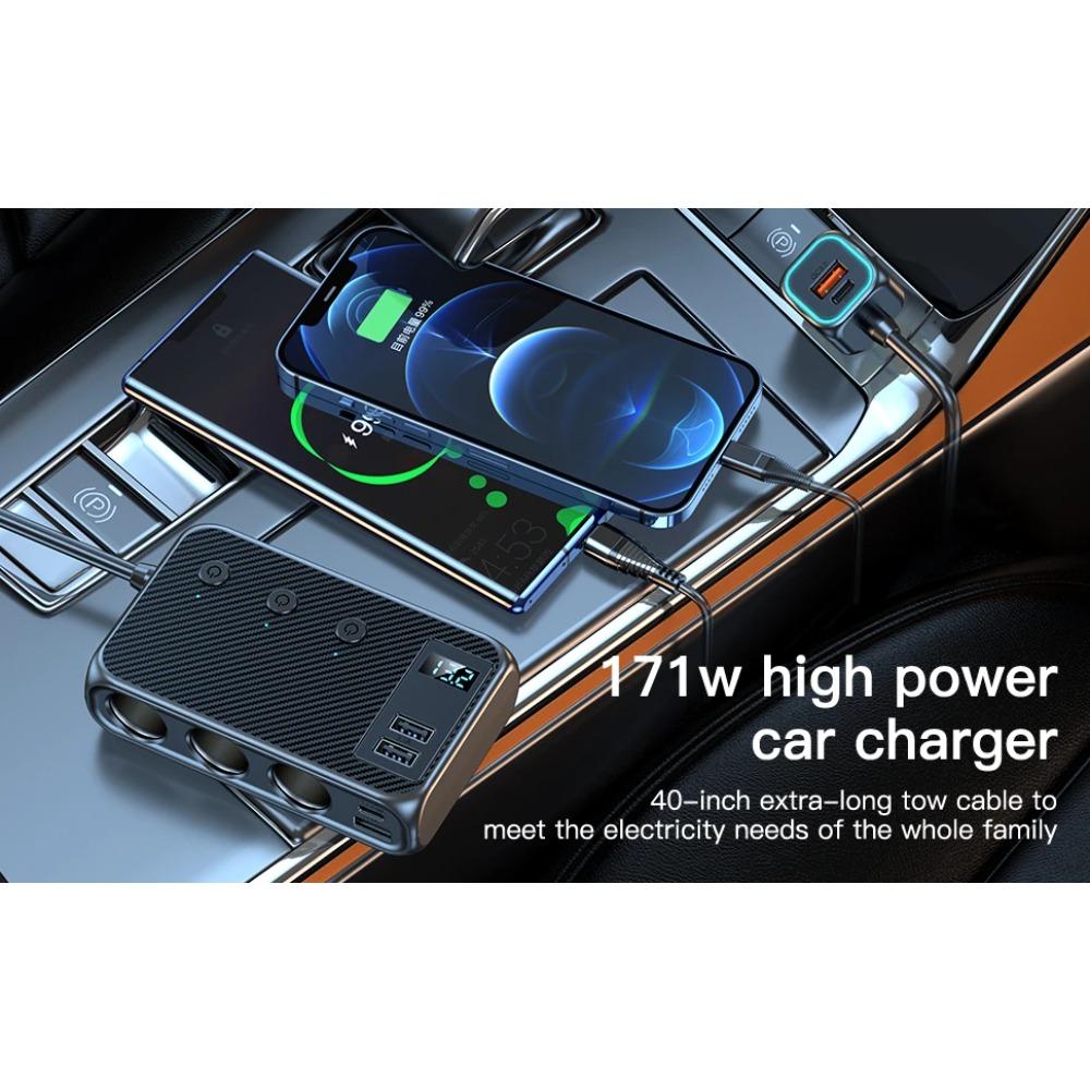 Adaptor Încărcător Auto 171W Splitter Soclu 9 în 1 PD30W/QC 3.0 Comutatoare Independente Ieșire DC 12V/24V