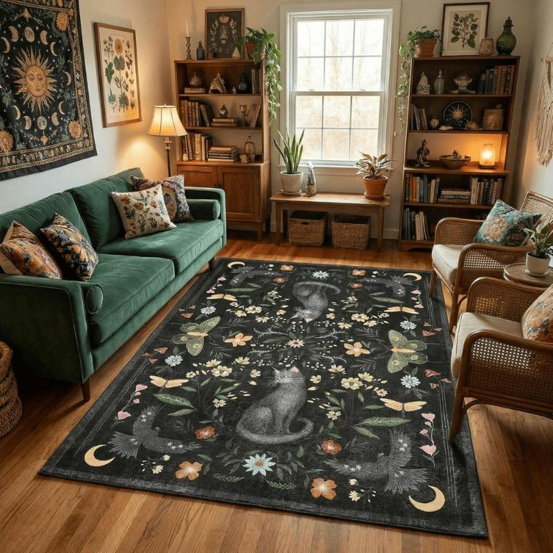 

black Cat Mushroom Floral Rug Non Slip Soft Living Room Carpet Animal Print Mat Bedroom Floor Playroom Gothic Indoor Decor Rug 40x60CM