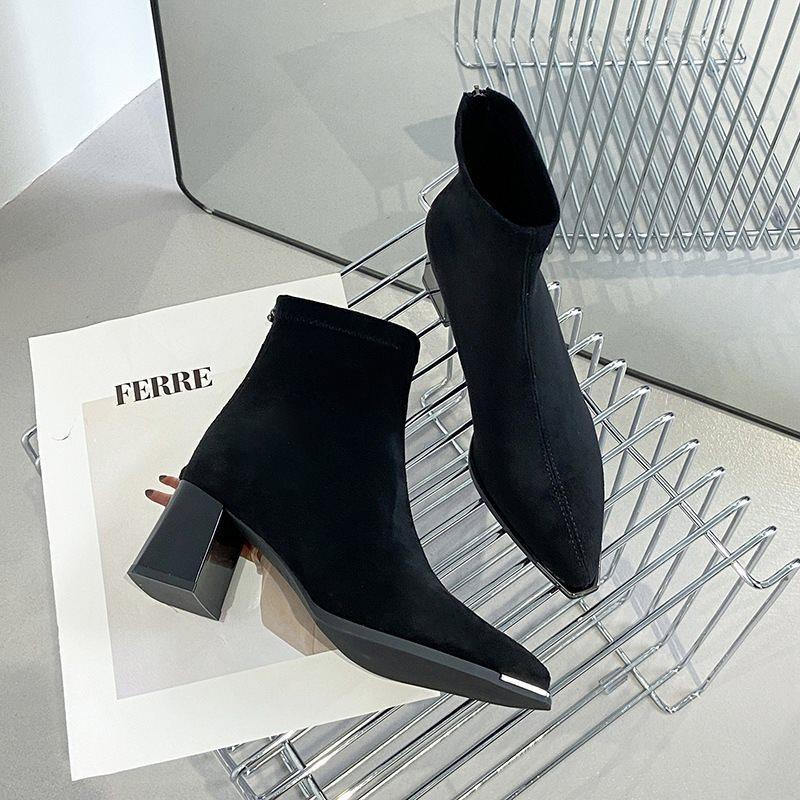 heightening boots autumn and winter French short boots women's thick heel cloth suede small thin boots women's 2025 high heel boots new