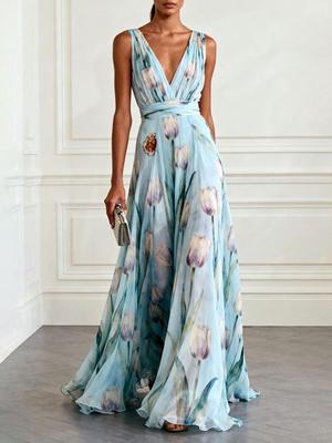 Women's V-neck Off-the-Shoulder Printed Chiffon Maxi Dress with Fitted Waist for Spring/Summer