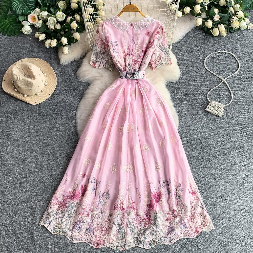 Embroidery Formal Luxury Evening Midi Dress Women Summer Beaded Peter Pan Collar Crochet Flower Hollow Out Short Sleeve Midi Dresses