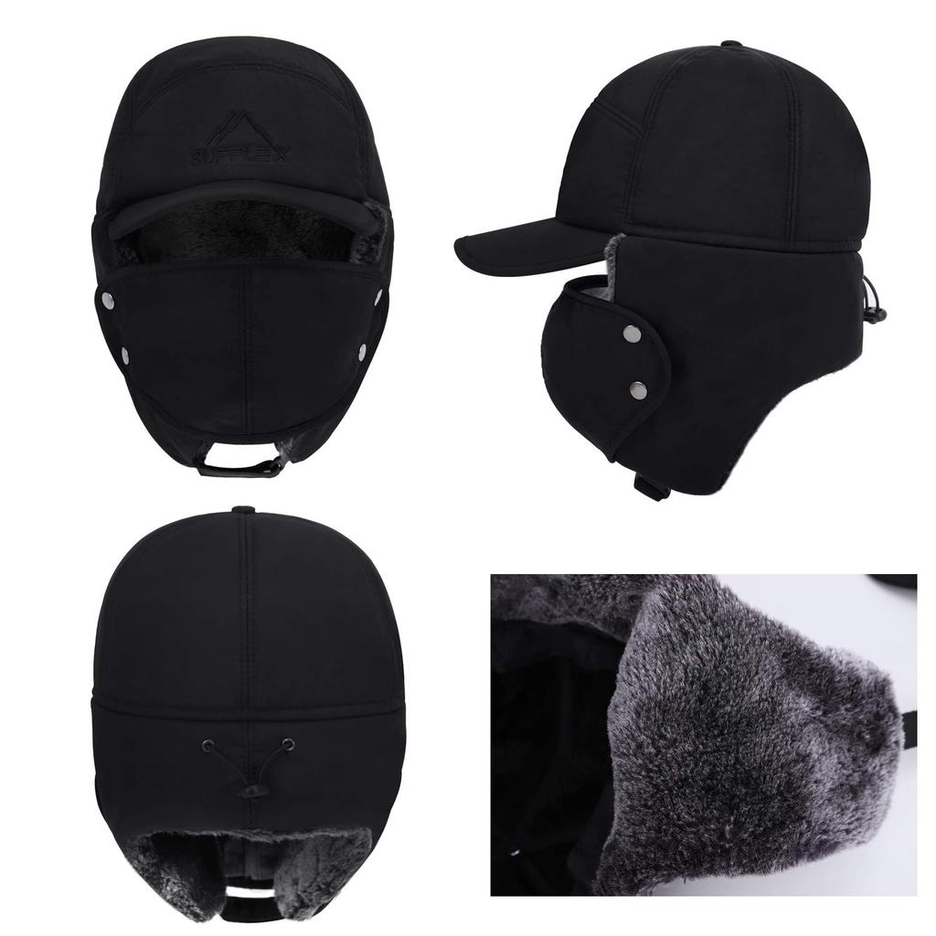 Flight Winter Winter Hat with Ear Windproof and Ski Fluffy Russian Bomber Warm Pilot Cap for Motorcycle Mountain and Outdoor Work Men's Cap, Flaps,